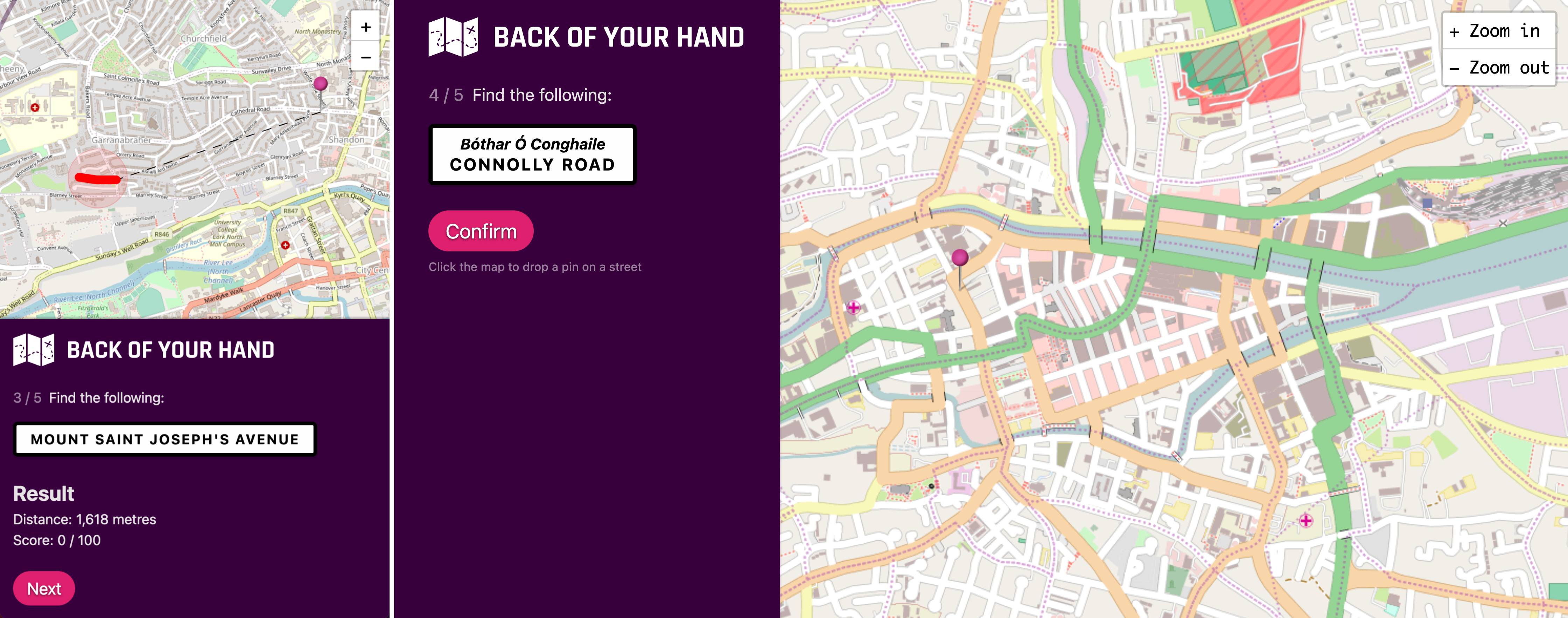 Screenshots of the game; one narrow / mobile sized, one desktop sized. In one, the user is asked to find a particular street, but they haven't placed a marker / guess on the map yet. The other is an example where the result of a guess is being shown (i.e. the street is revealed and the distance is shown, etc.)