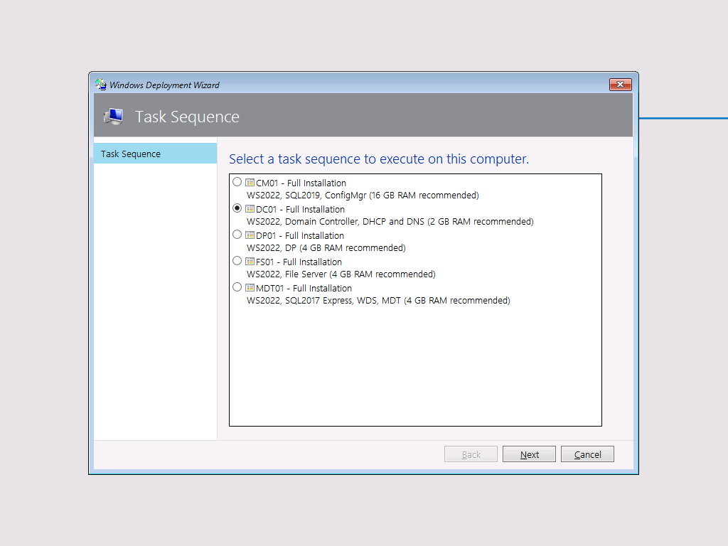 The Deployment Wizard displaying the available task sequences.