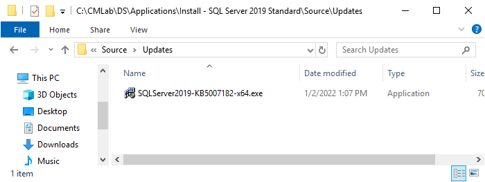 The SQL Server 2019 CU copied to Updates folder.