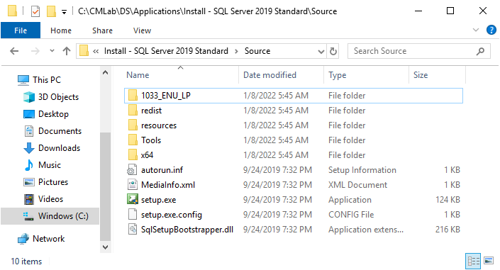 SQL Server 2019 Standard x64 setup files copied.
