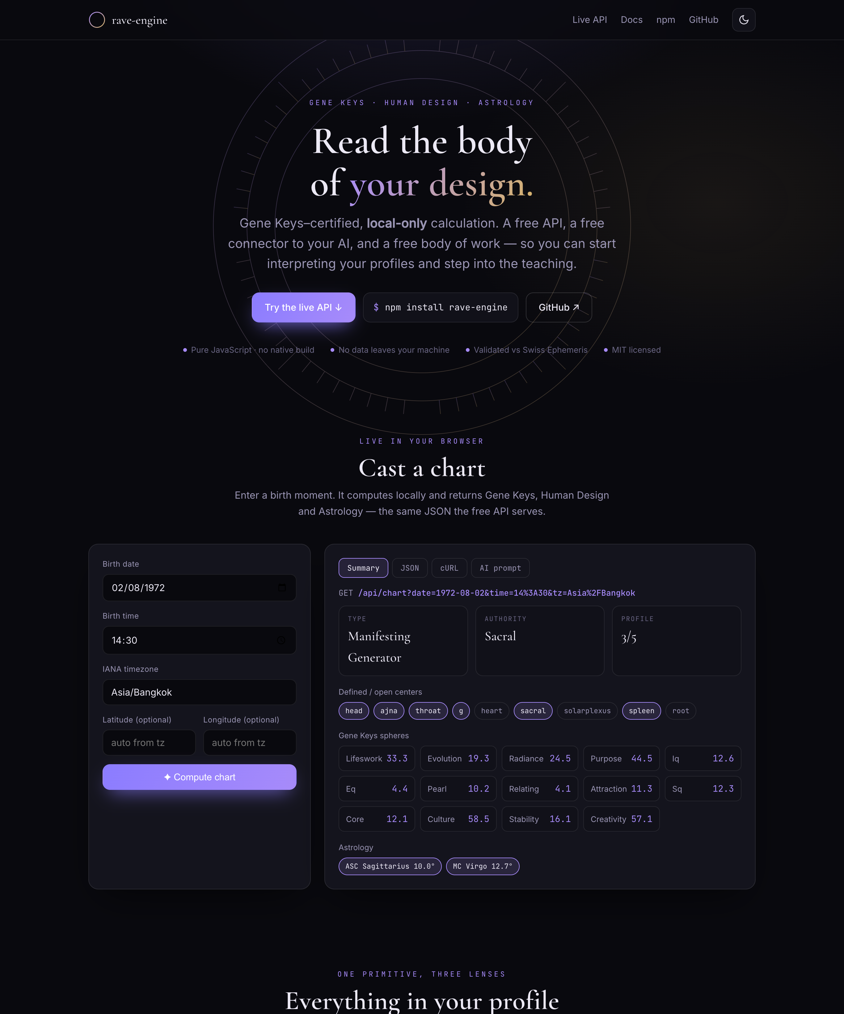 The Free Human Design API landing page with the live in-browser API demo computing a chart