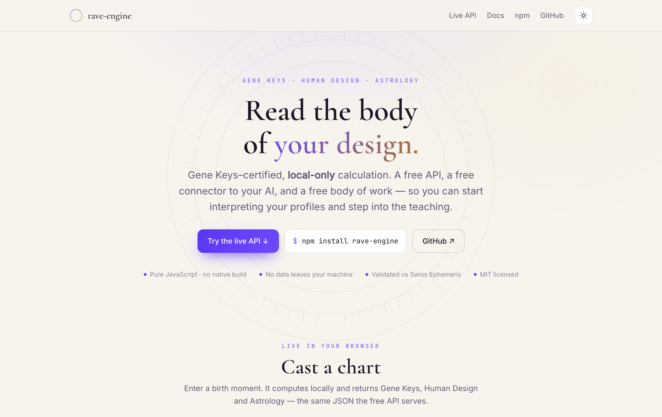 Free Human Design API landing page, light mode