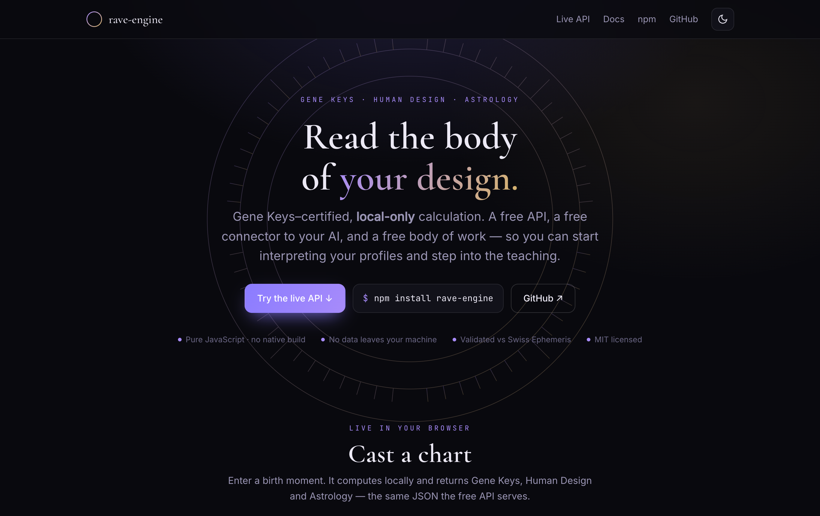 Free Human Design API landing page, dark mode