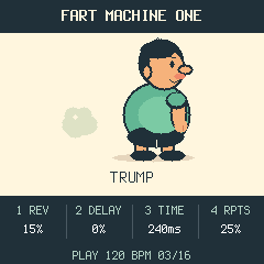 Fart Machine One screen with a cartoon character, the sound name TRUMP and reverb, delay, time and repeats values above a play status line