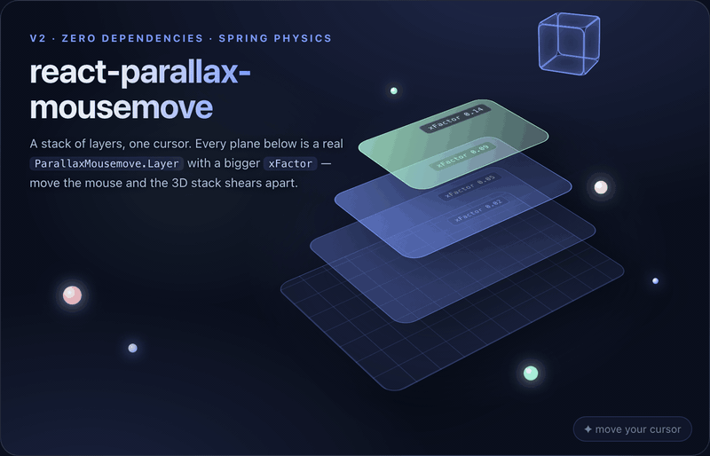 react-parallax-mousemove live demo — a 3D stack of parallax layers shearing apart as the cursor moves