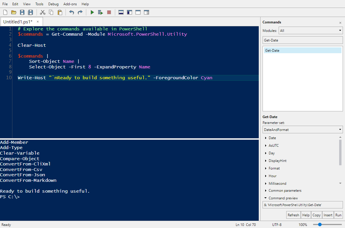 Iseberg showing a syntax-highlighted PowerShell script, console output, and the Commands pane.