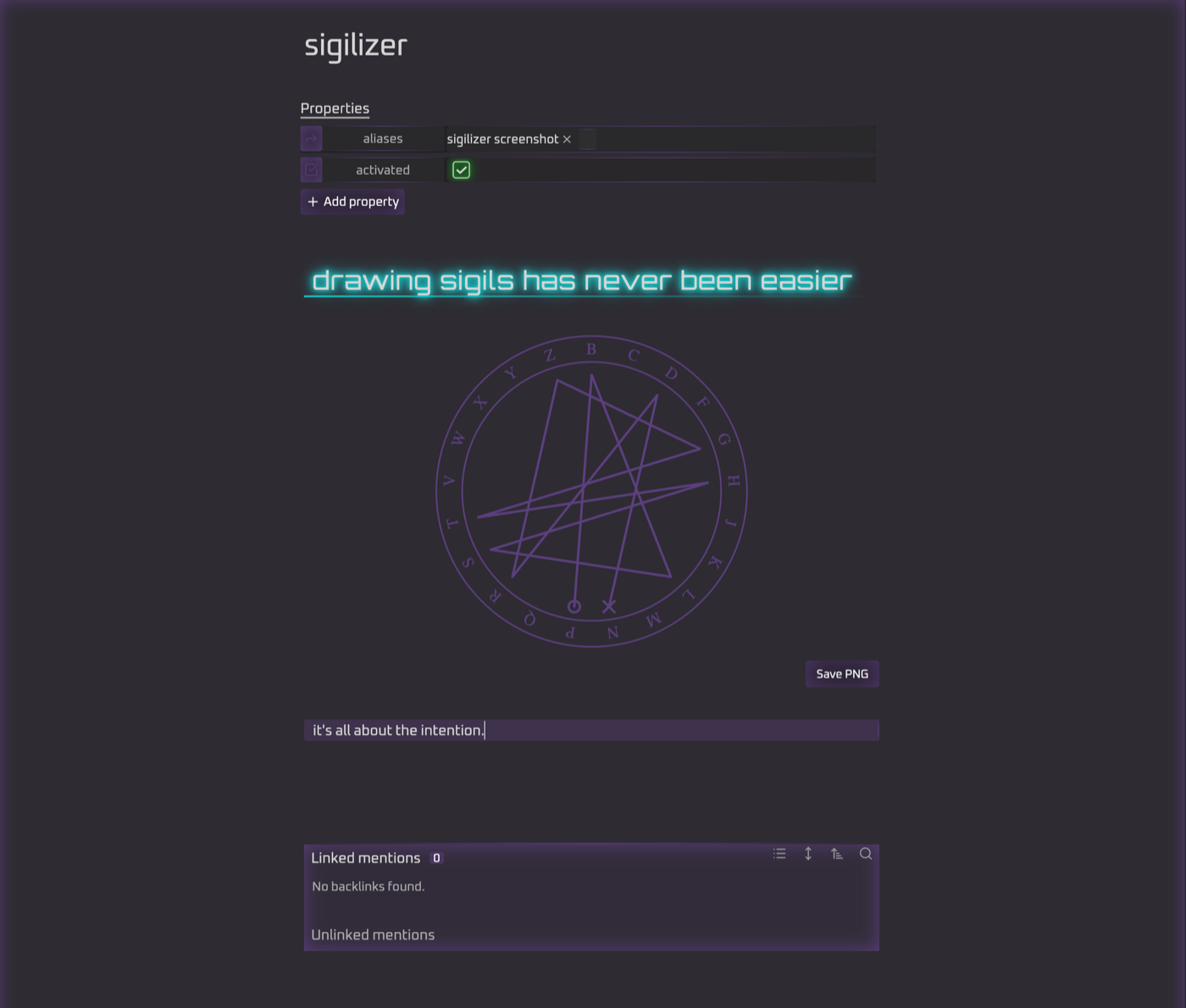 A sigil drawn in a note, with the Save PNG button below it