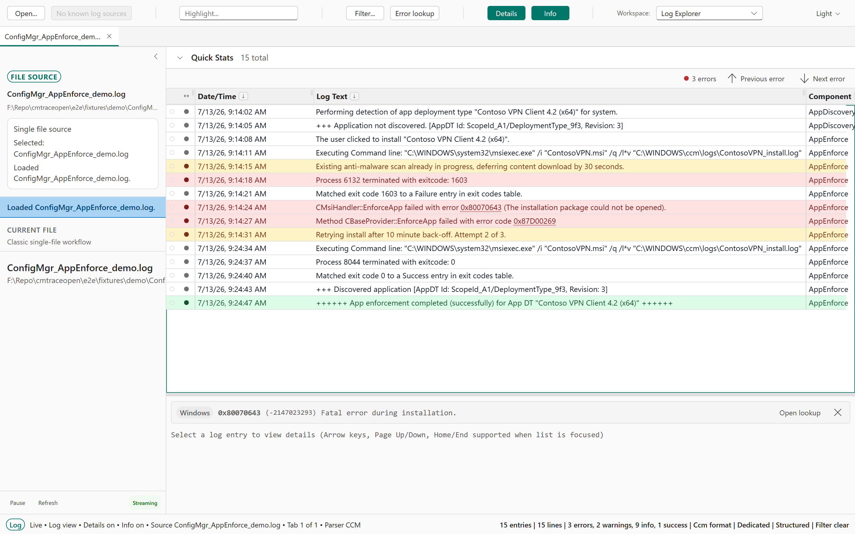 cmtraceopen log viewer showing a ConfigMgr deployment log with color-coded severities and inline error-code lookup