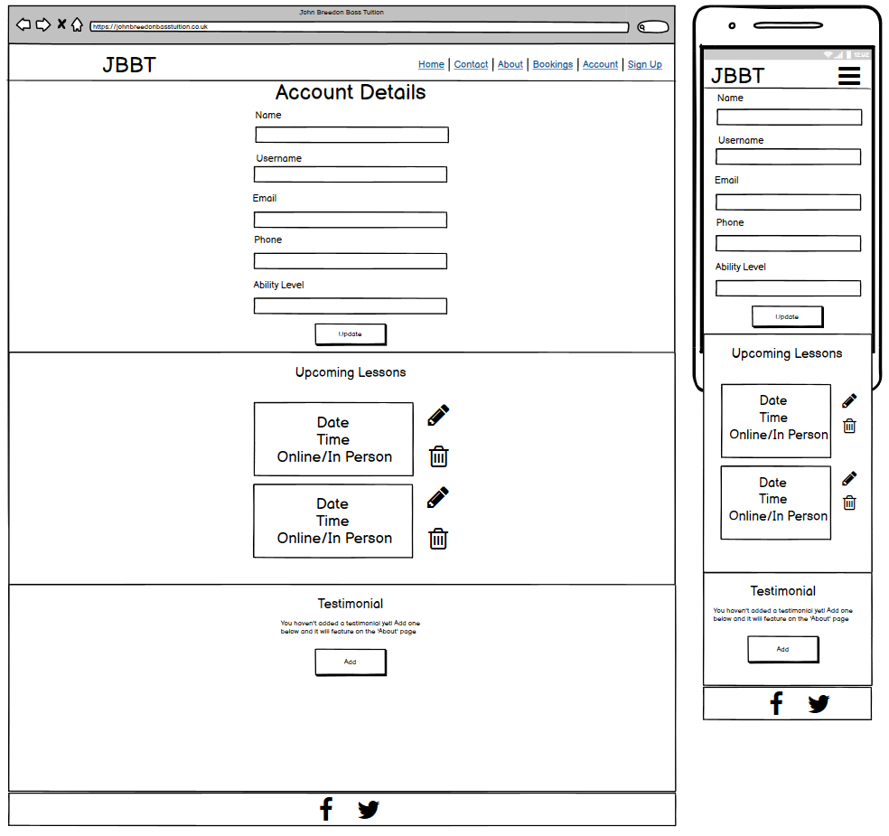 account page wireframes
