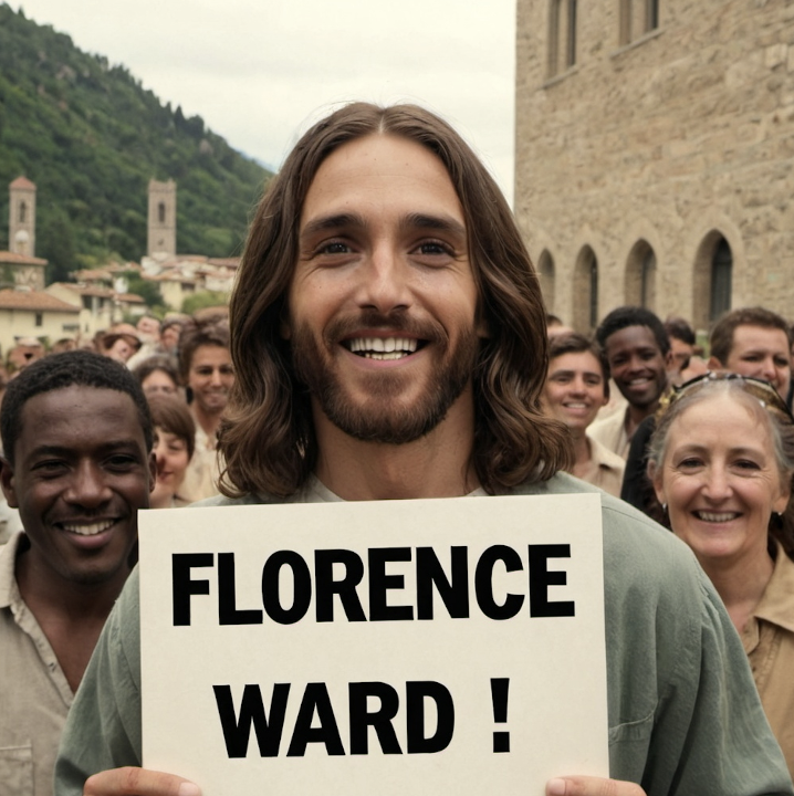 Jesus holding a florence ward sign