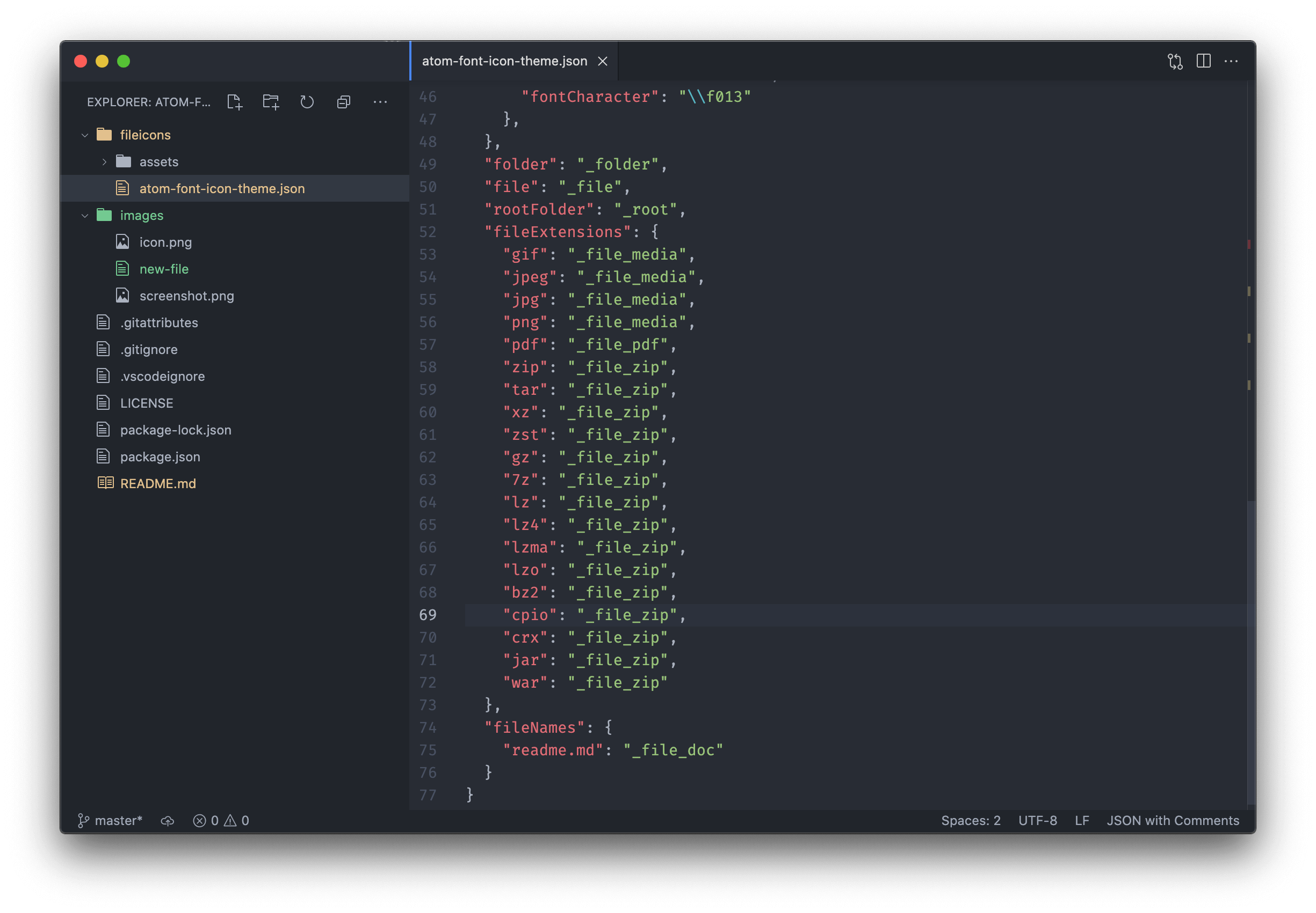 Screenshot of VS Code with Atom Icons theme
