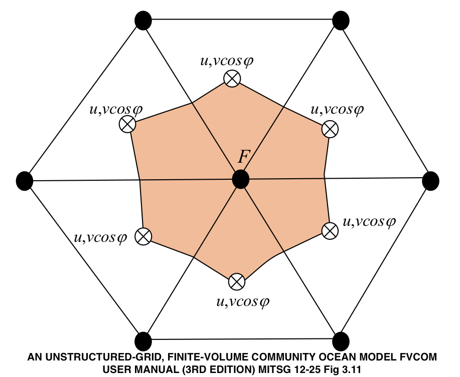 Fig. 3.11 from the user manual: Schematic of the control volume used to calculate scalar variables and vertical velocity used in FVCOM. F is a general symbol representing scalar variables such as zeta, T, S, Km, Kh, and vertical velocity. A solid dot is the node of the triangles where scalar variable or vertical velocity is calculated and a crossed open circle is the centroid of a triangle where the horizontal velocity is calculated.