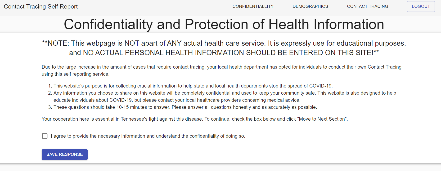 Screenshot of confidentiality page