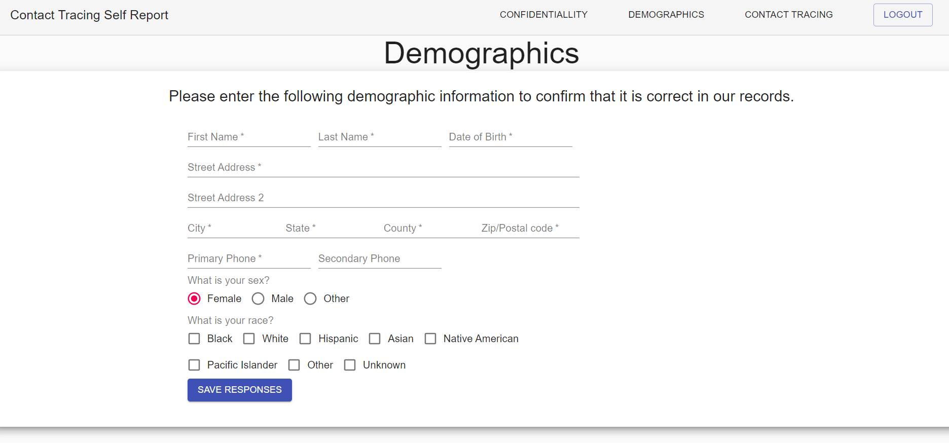 Screenshot of demographics page