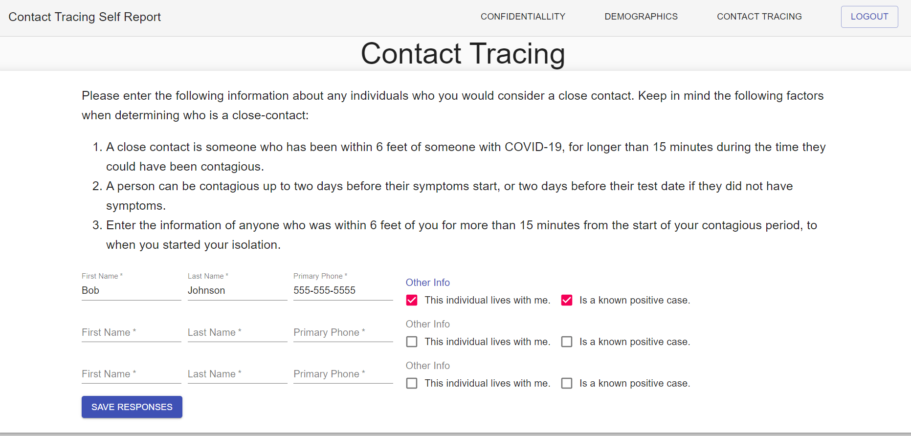 Screenshot of contact tracing page