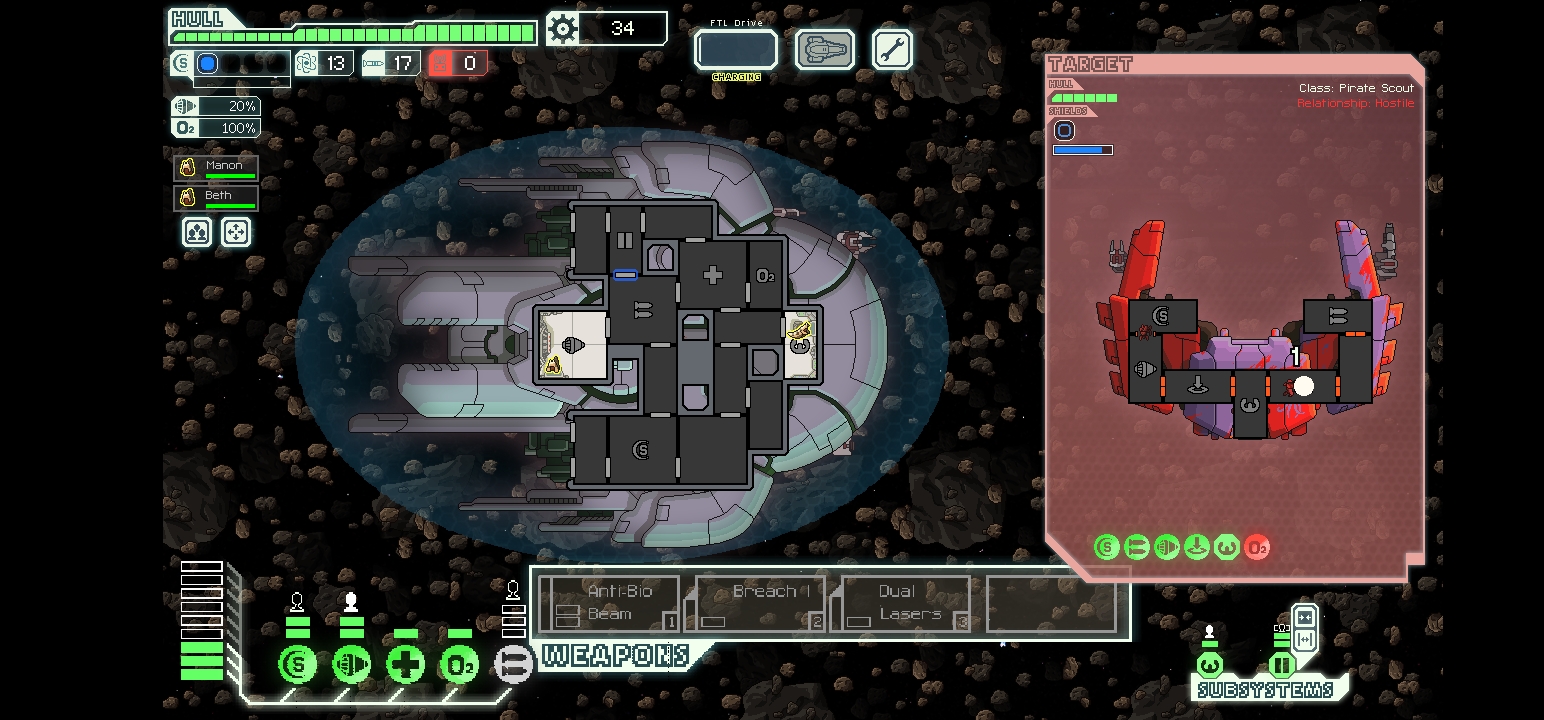 Combat against a pirate scout in an asteroid field, touch power UI at the bottom