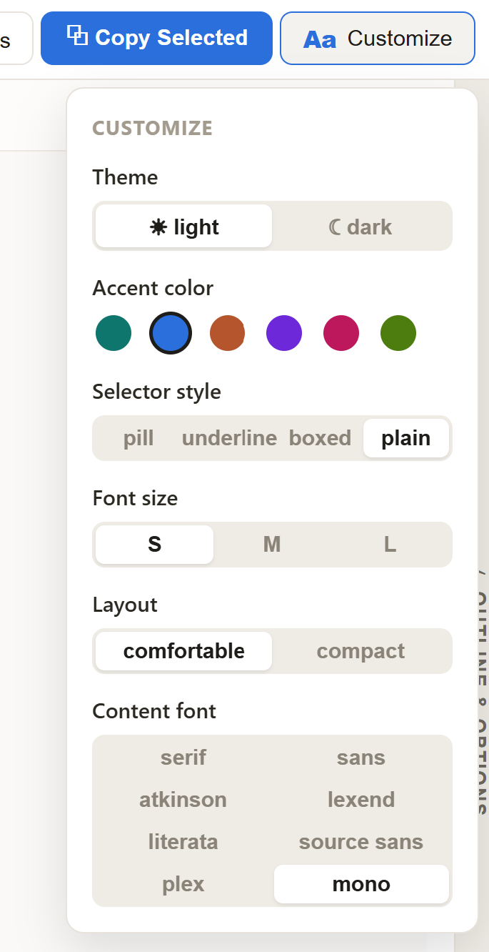 Customize panel: theme, accent color, selector style, fonts and layout