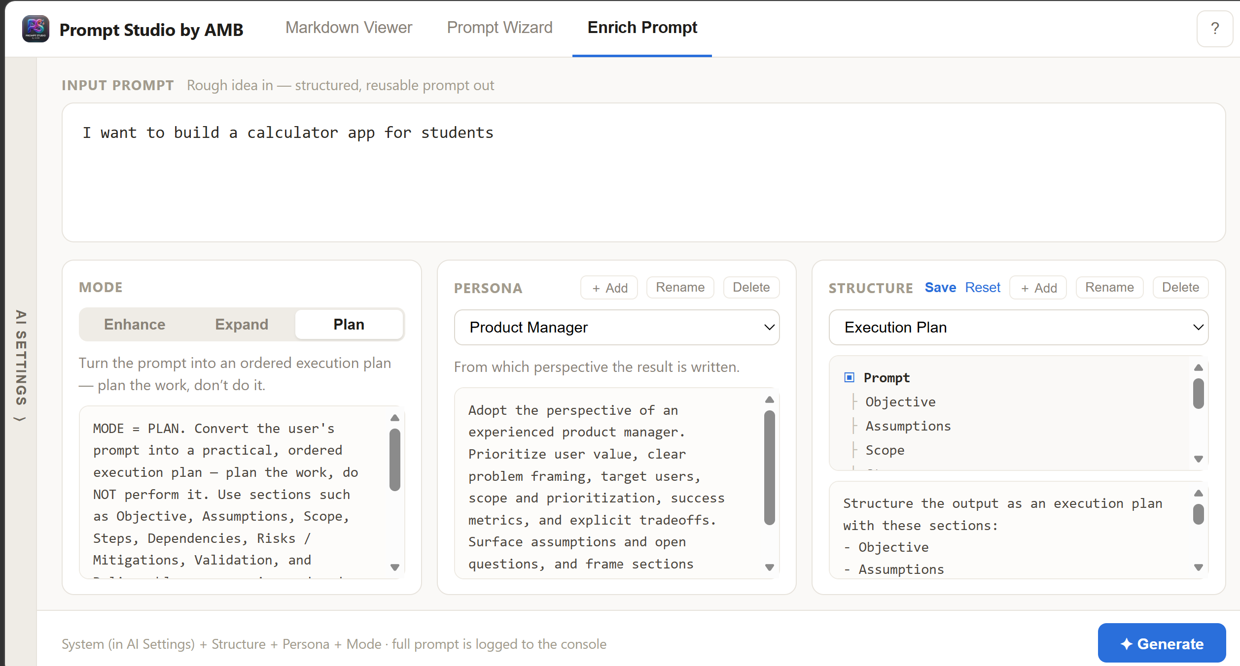 Enrich Prompt with the Mode, Persona and Structure dials