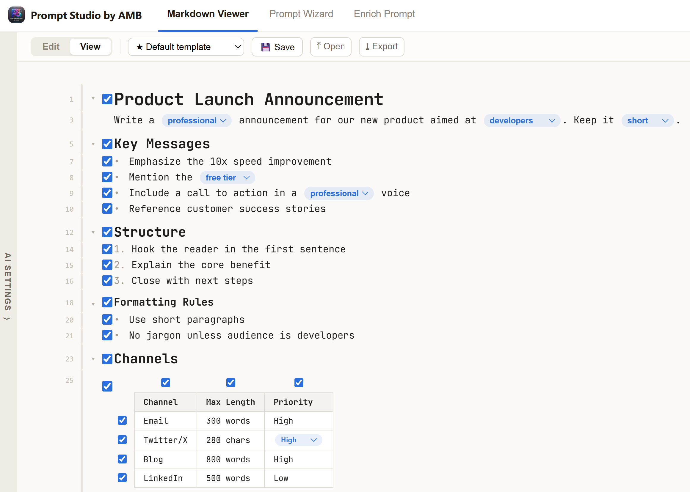 Markdown Viewer with inline options, outline and options panel