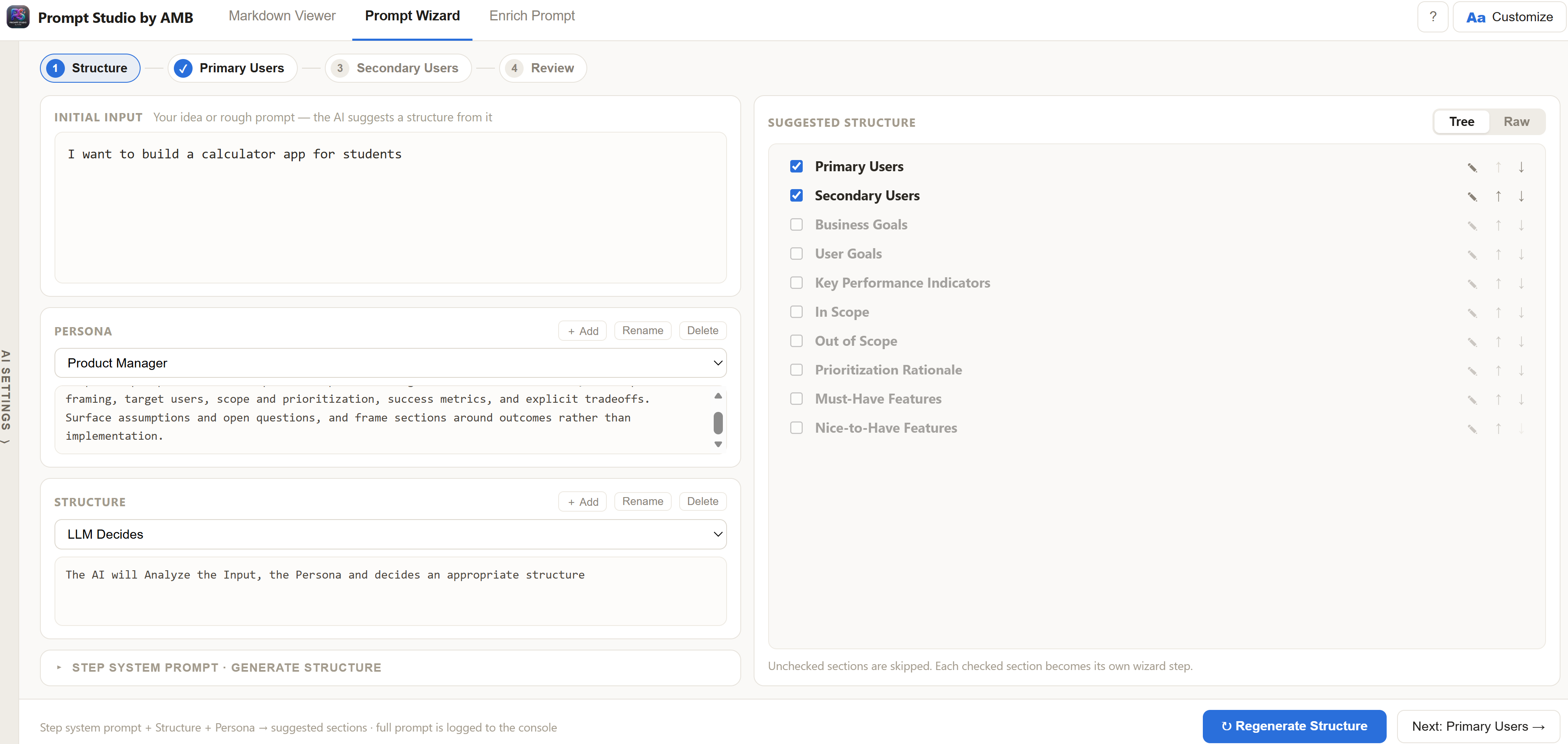 Prompt Wizard review step with the assembled, option-rich prompt