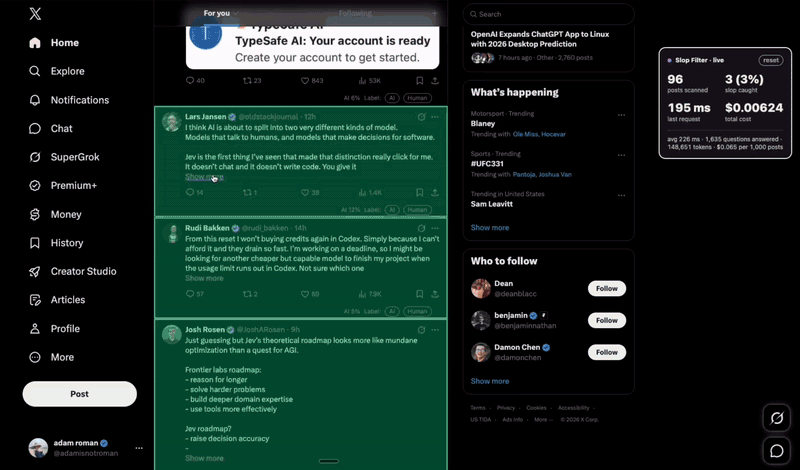 Slop Filter scanning posts on X and LinkedIn: a scan line runs over each post, then it turns green and stays or red and folds away, while a side panel counts posts scanned, slop caught, request time, and cost.