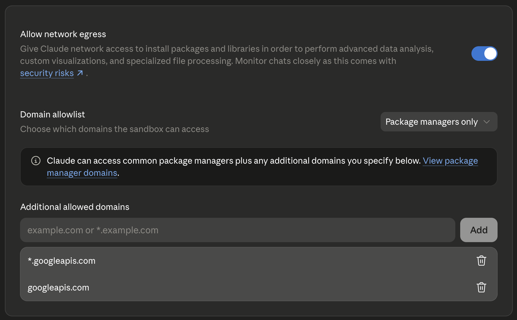 Claude egress allowlist with googleapis.com added