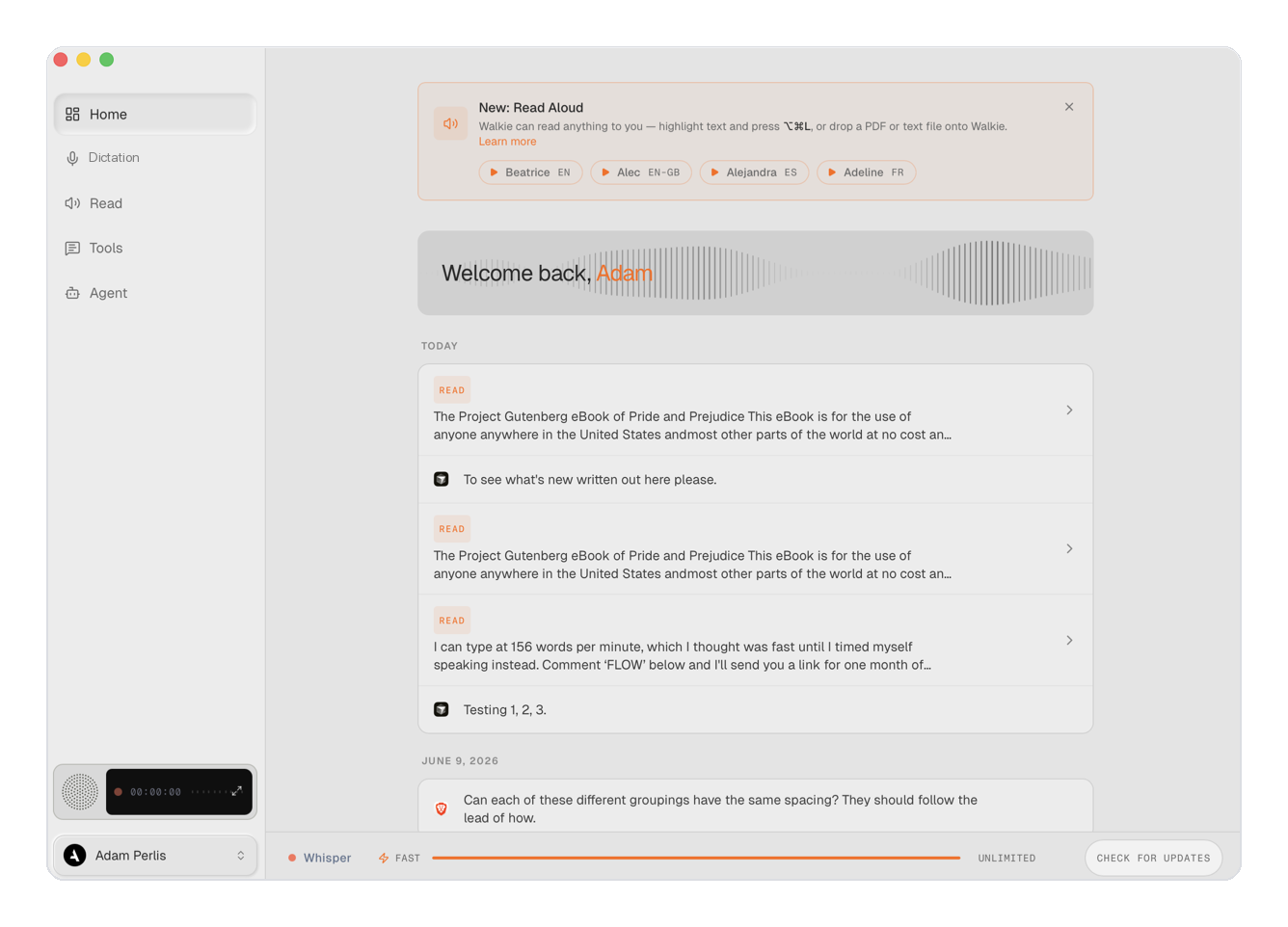 Walkie speech-to-text app on macOS showing Dictation, Read Aloud, and meeting transcripts