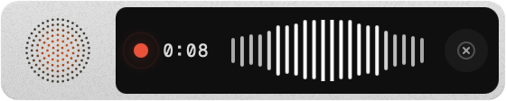 Walkie's dictation overlay — the Walkie grille, a live audio visualizer, a timer, and a glowing orange recording dot