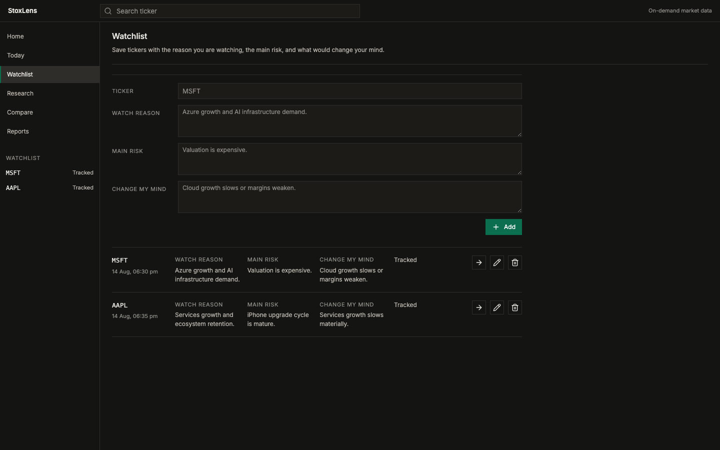 StoxLens watchlist notes screen showing saved thesis and risk fields.