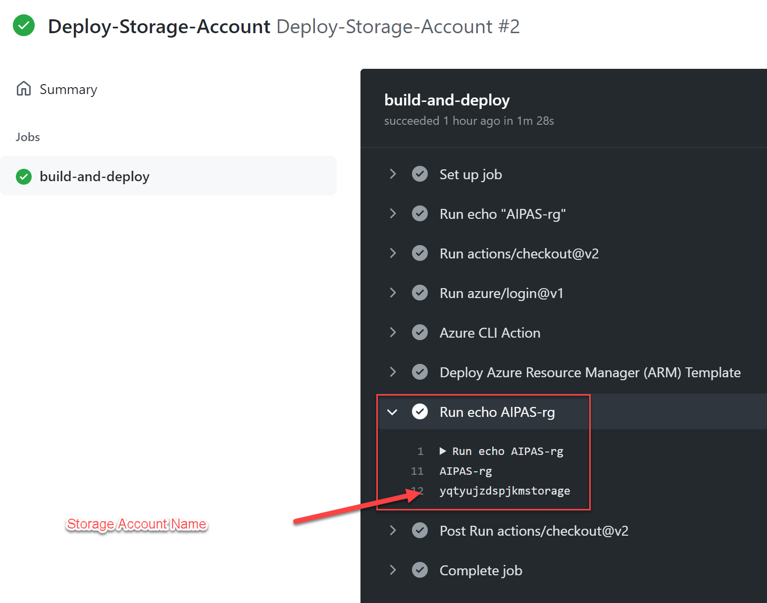 Storage Account deployment output