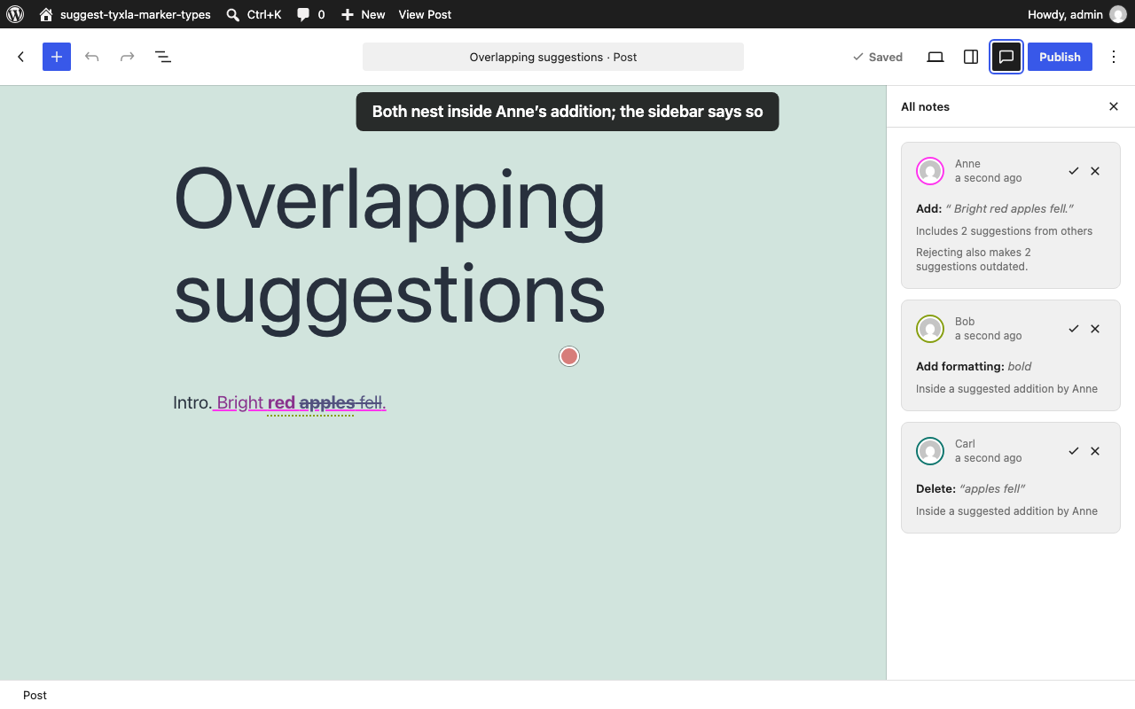 Formatting and a deletion nested inside another author's addition, with context lines in the sidebar