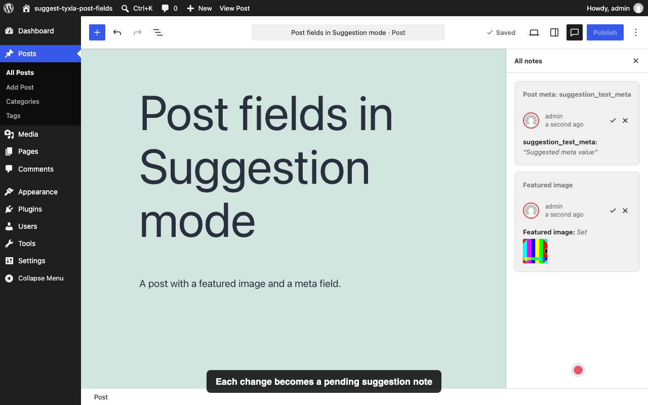 After: each field change is a suggestion note