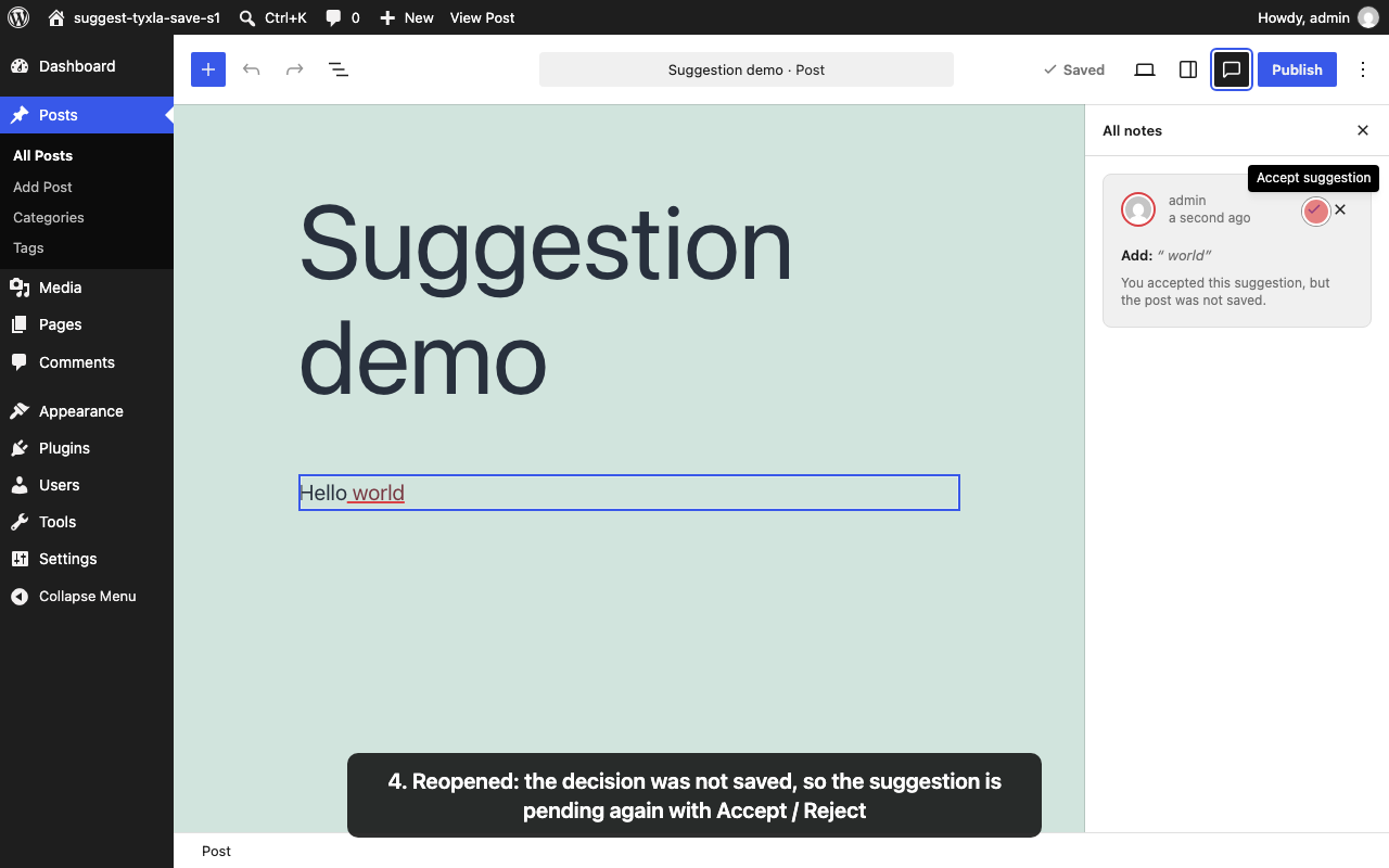 After: the suggestion is pending again with Accept and Reject