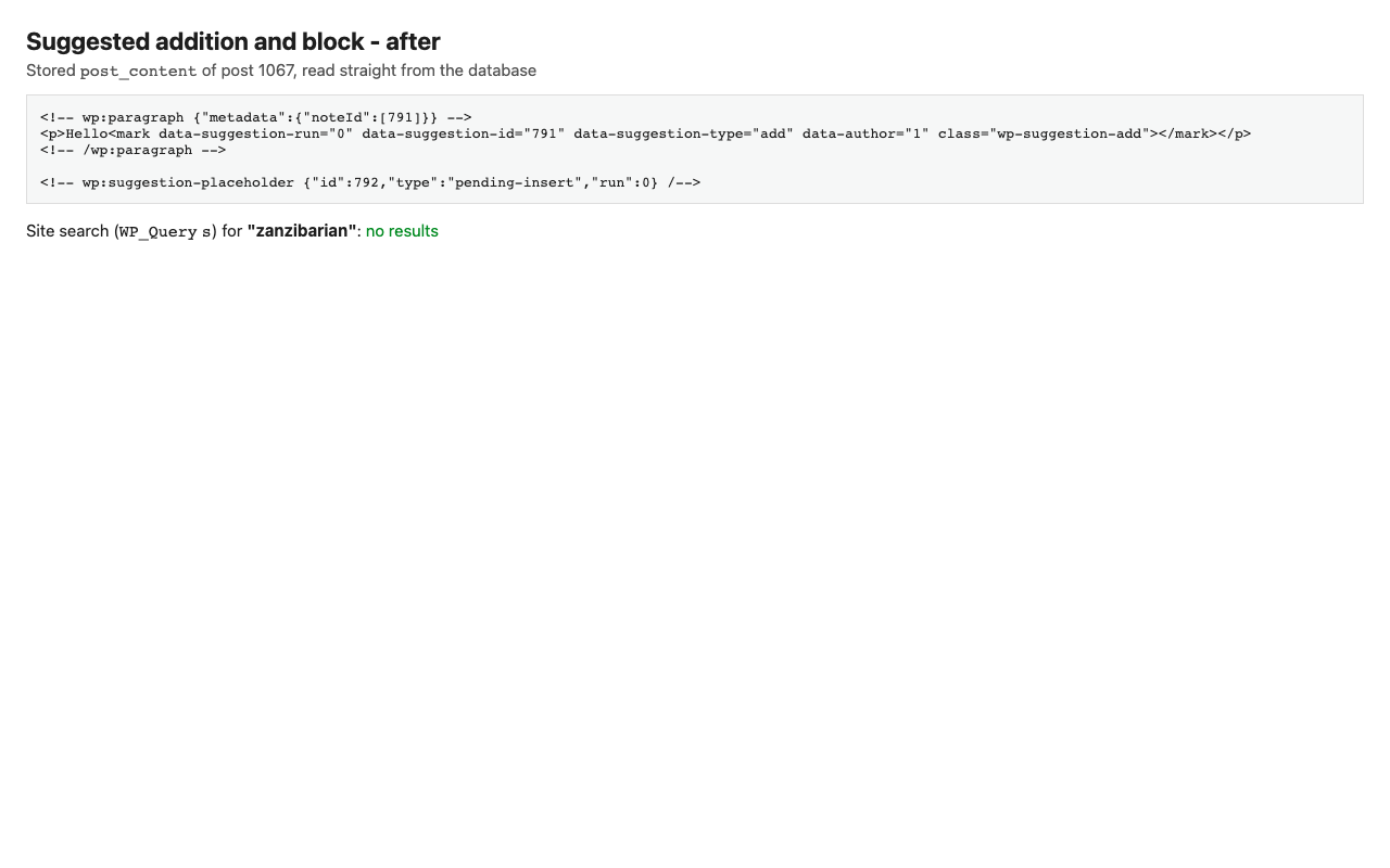 Stored post_content after: empty anchor and placeholder, search finds nothing