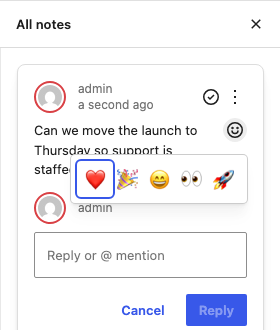 The curated five-emoji picker open beside the note