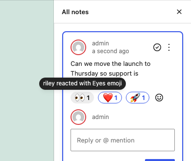 An eyes reaction from another user with a quiet pill and tooltip, next to the current user's heart and rocket in the blue outline, with the trigger trailing them