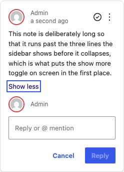 The same note expanded with a Show less button