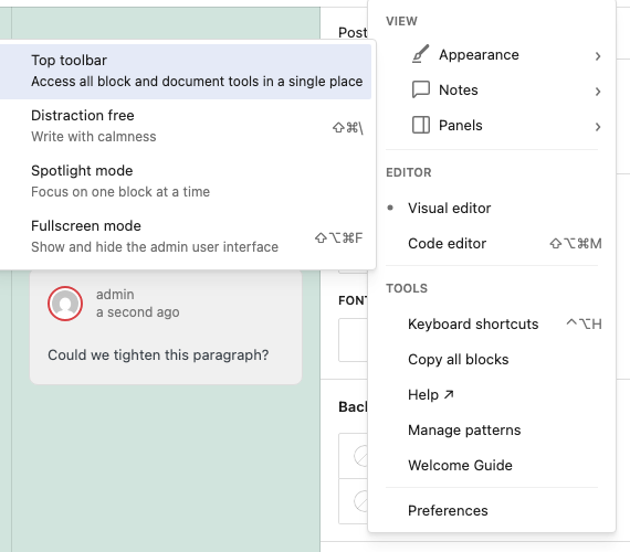 The Appearance submenu open, listing Top toolbar, Distraction free, Spotlight mode and Fullscreen mode