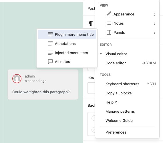 The Panels submenu open, listing the sidebars registered by the plugins-api test plugin