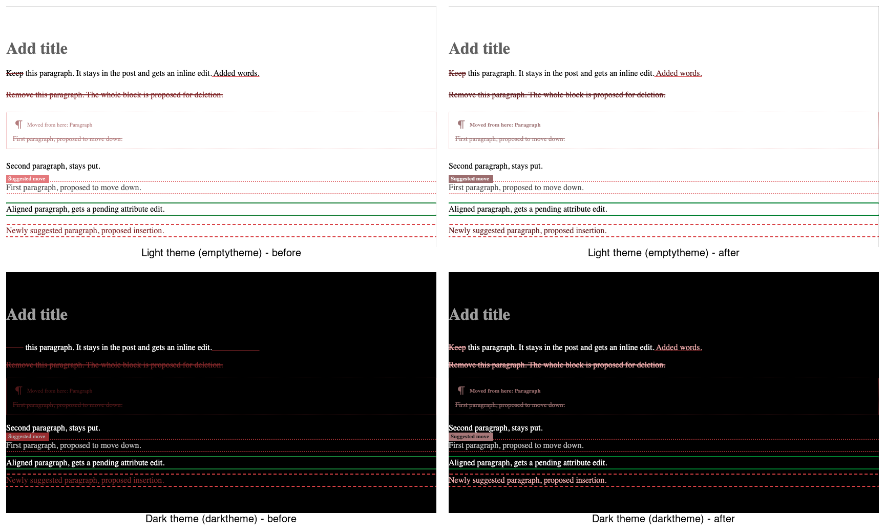 Suggestion treatment before and after on a light and a dark theme