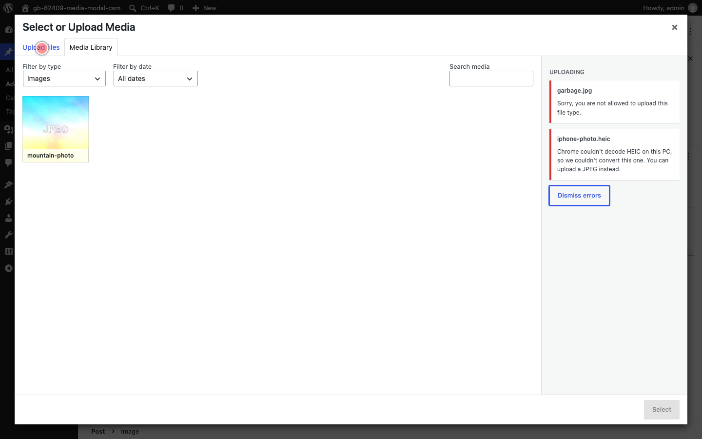 Errors listed in the modal sidebar