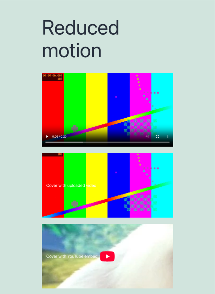 Editor after switching to reduced motion, all three blocks stopped