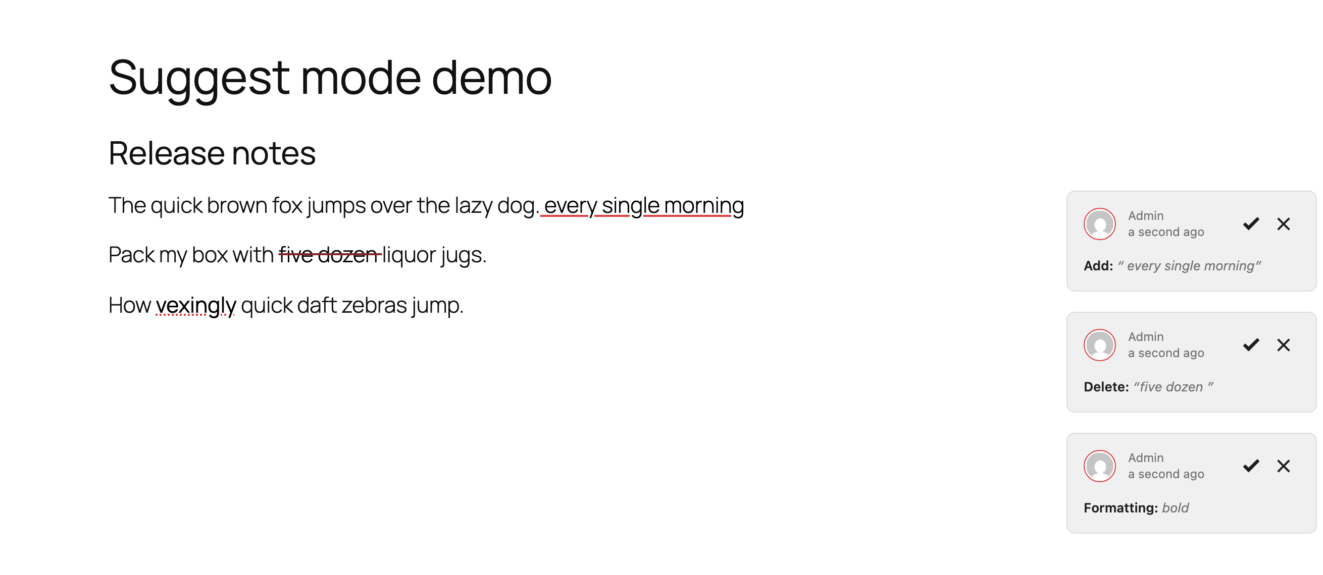 Editor canvas showing an underlined addition, a struck-through deletion and a dotted-underline formatting suggestion, with Add, Delete and Formatting notes alongside