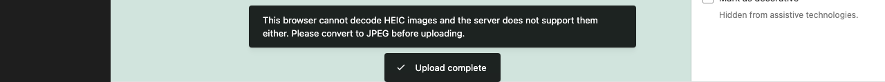 An error snackbar stacked above a snackbar reading 'Upload complete' with a checkmark