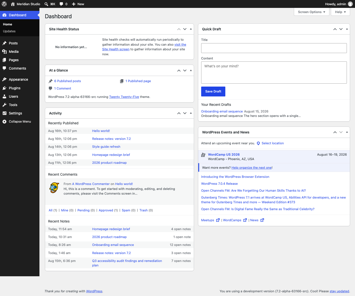 Full dashboard with the Activity widget