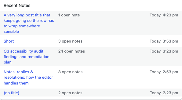 Recent Notes with a wrapping title, a 24 note count, and a no title row
