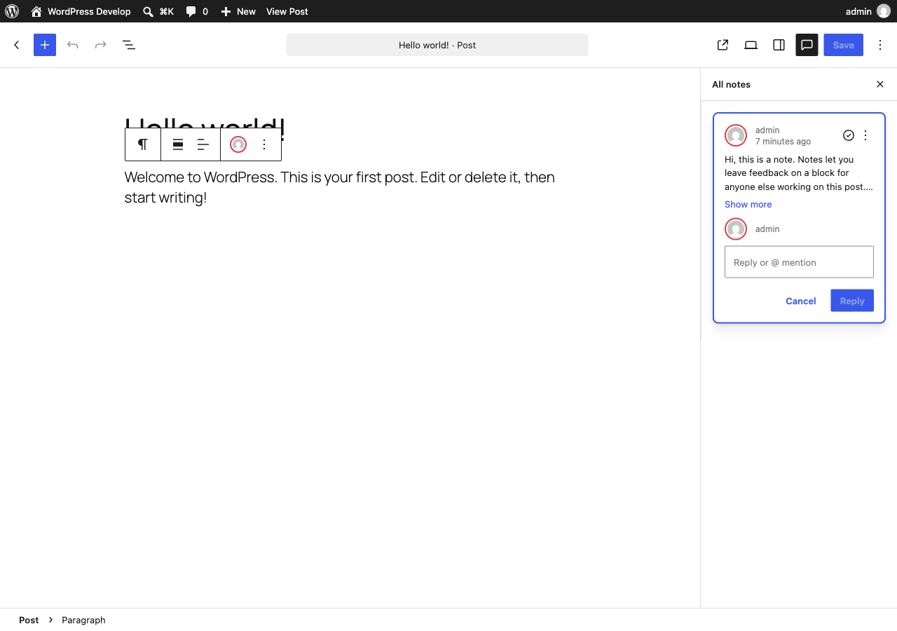 Hello world! post in the editor with the All notes panel open showing the default note