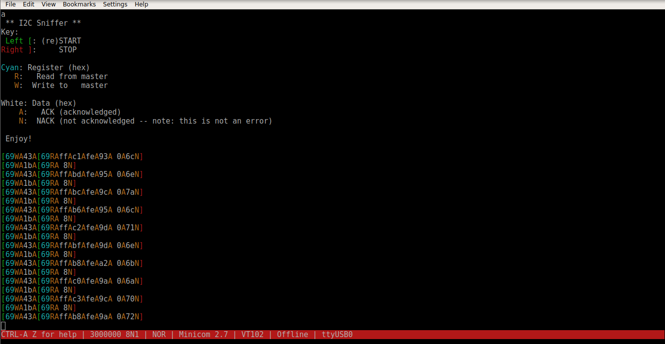 I2C Sniffer serial output screenshot