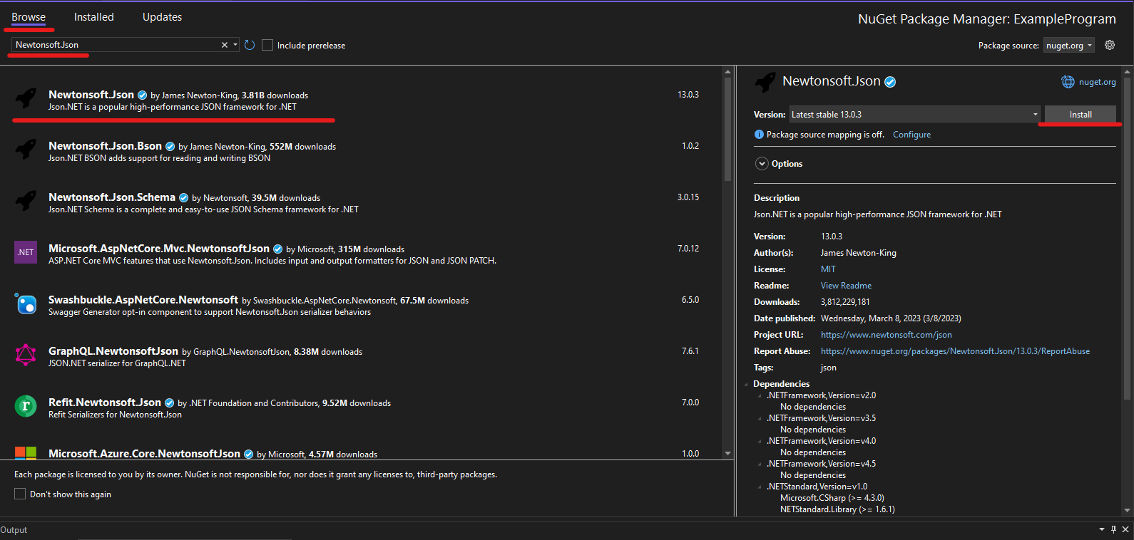 Install NewtonSoft NuGet package