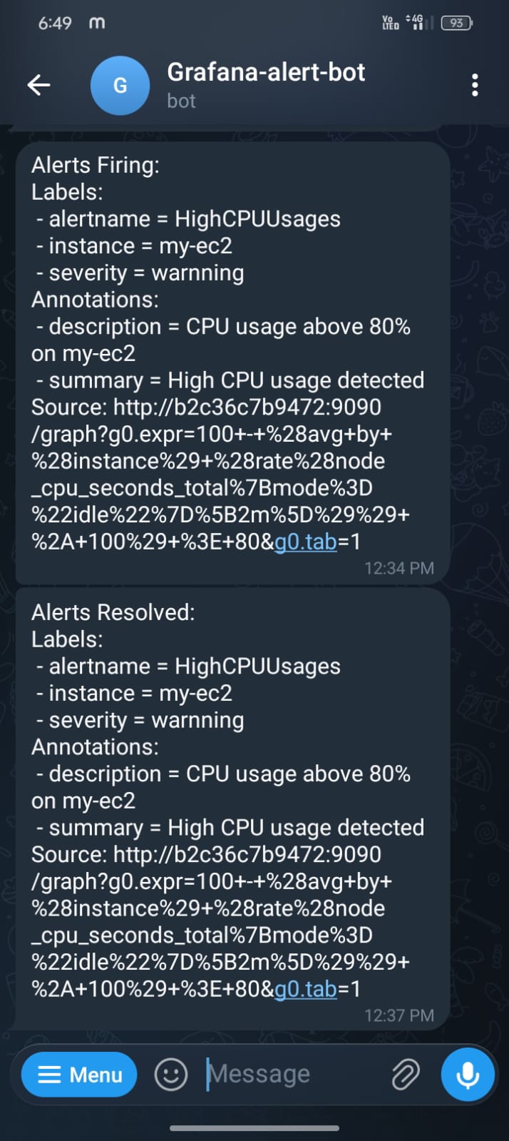 Telegram alert showing high CPU usage notification